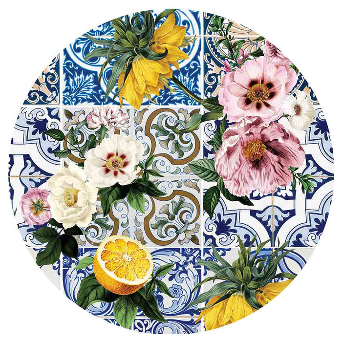 PATTERN BLUE LISBON TILE WITH LEMONS & FLOWERS ROUND COASTER