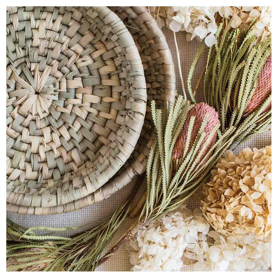 FLORAL CREAM AND GREY BASKET WITH PINK BANKSEAS SQUARE COASTER