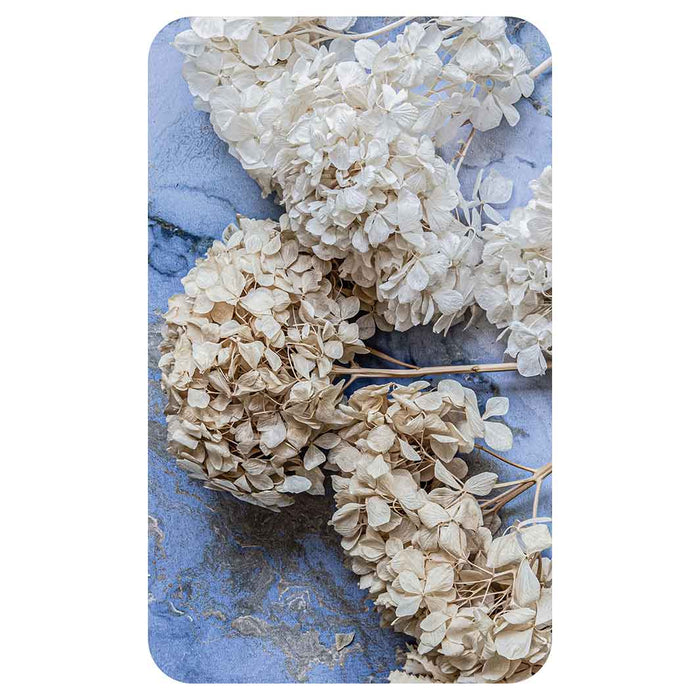 FLORAL CREAM BLEACHED HYDRANGEAS ON BLUE KITCHEN TOWEL