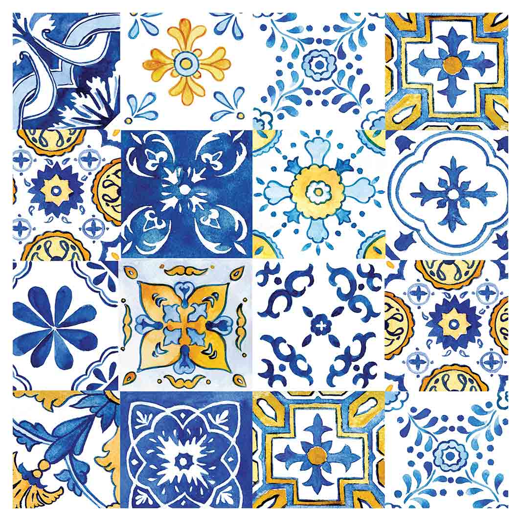 PATTERN BLUE AND YELLOW WATERCOLOUR LISBON TILE MAKE-UP BAG