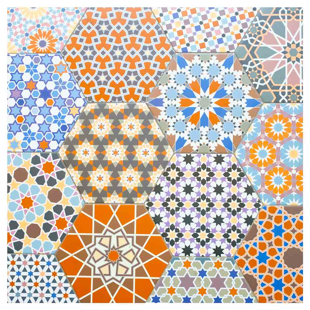 HEXAGON ORANGE AND BLUE PATTERN TILES MAKE-UP BAG