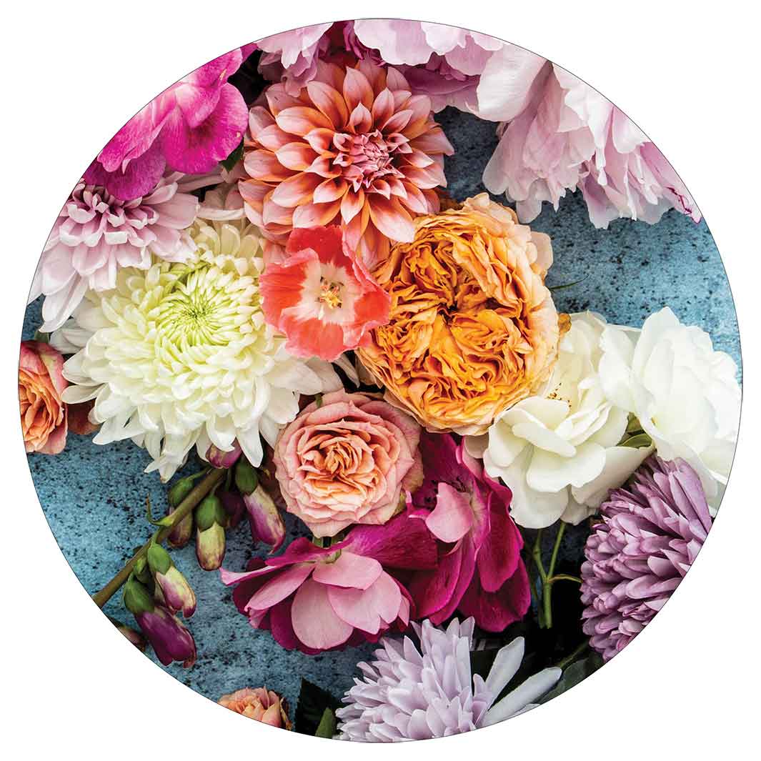 FLORAL PINK PEONY AND DAHLIA BOUQUET ON BLUE POT STAND