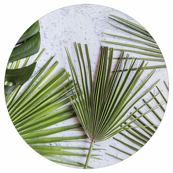 LEAVES GREEN PALM LEAVES ON WHITE POT STAND