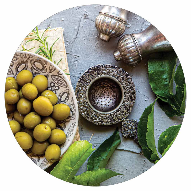 NATURAL SILVER SALT SHAKERS WITH GREEN OLIVES POT STAND
