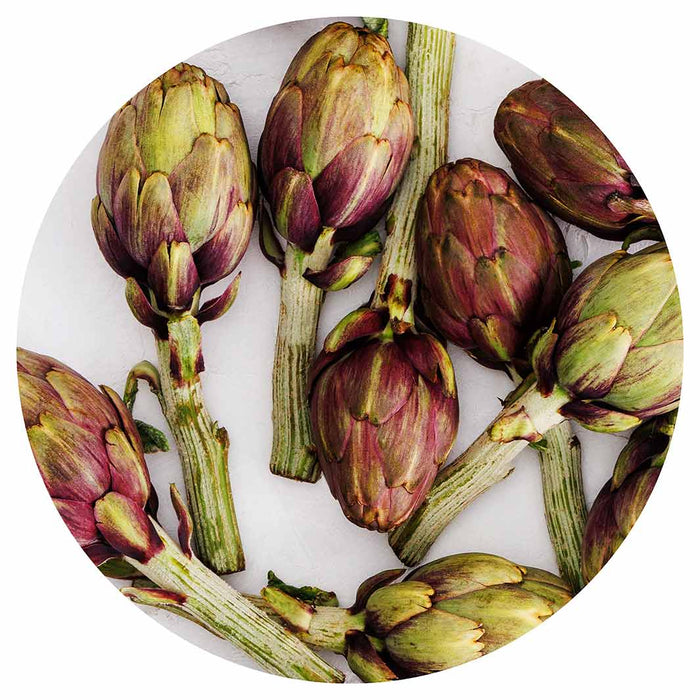 ARTICHOKE DEEP GREEN AND PURPLE ON WHITE ROUND PLACEMAT