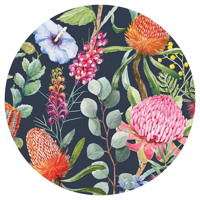 FLORAL NAVY MIXED FLOWERS WITH EUCALYPTUS LEAVES ROUND PLACEMAT