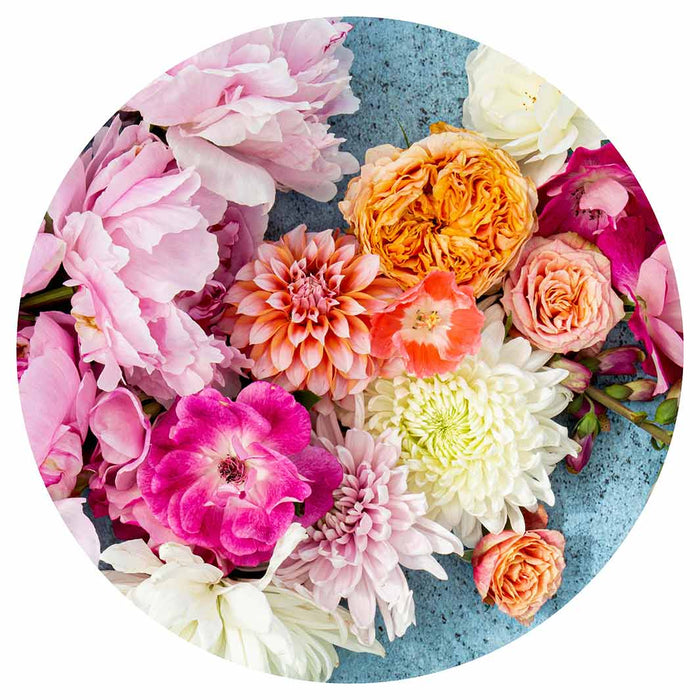 FLORAL PINK PEONY AND DAHLIA BOUQUET ON BLUE ROUND PLACEMAT