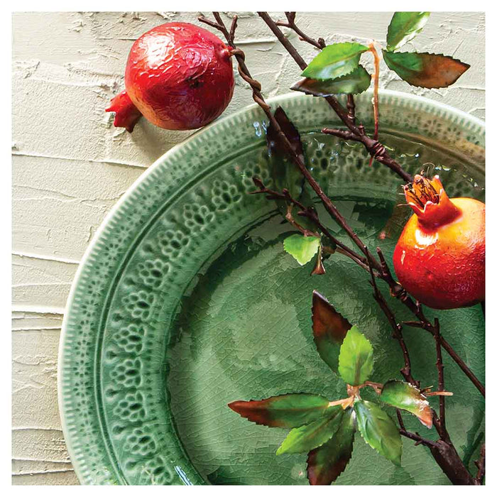 NATURAL RED POMEGRANATES ON GREEN PLATE SQUARE SCATTER CUSHION