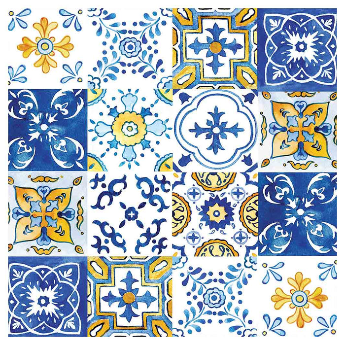 PATTERN BLUE AND YELLOW WATERCOLOUR LISBON TILE SQUARE SCATTER CUSHION