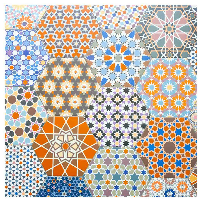 HEXAGON ORANGE AND BLUE PATTERN TILES SQUARE SCATTER CUSHION