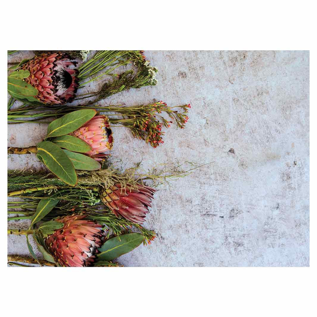 FLORAL PINK MIXED PROTEAS WITH GREEN FOLIAGE TABLECLOTH
