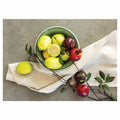 NATURAL RED POMEGRANATES AND LEMONS WITH LINEN TABLECLOTH