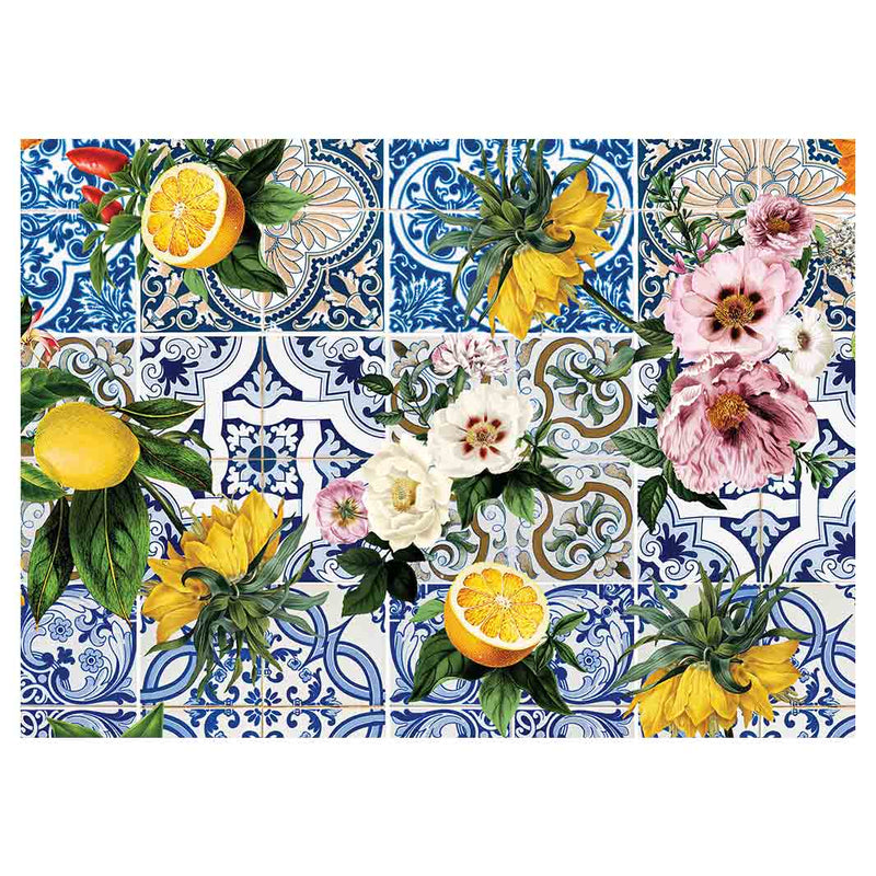 PATTERN BLUE LISBON TILE WITH LEMONS & FLOWERS TABLECLOTH