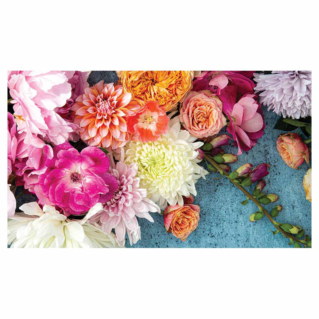 FLORAL PINK PEONY AND DAHLIA BOUQUET ON BLUE TABLECLOTH