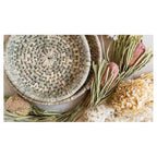 FLORAL CREAM AND GREY BASKET WITH PINK BANKSEAS TABLECLOTH