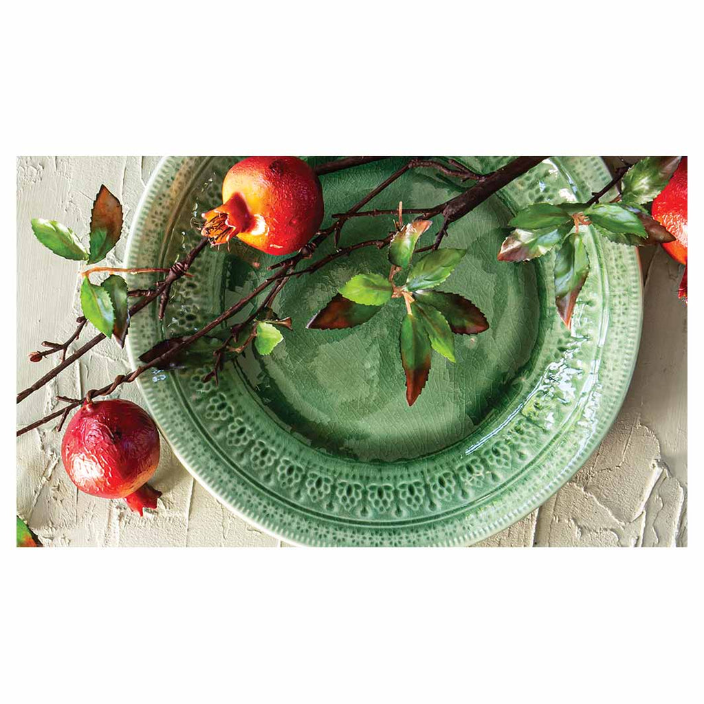 NATURAL RED POMEGRANATES ON GREEN PLATE TABLECLOTH