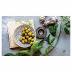 NATURAL SILVER SALT SHAKERS WITH GREEN OLIVES TABLECLOTH