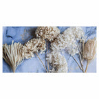 FLORAL CREAM BLEACHED HYDRANGEAS ON BLUE TABLECLOTH