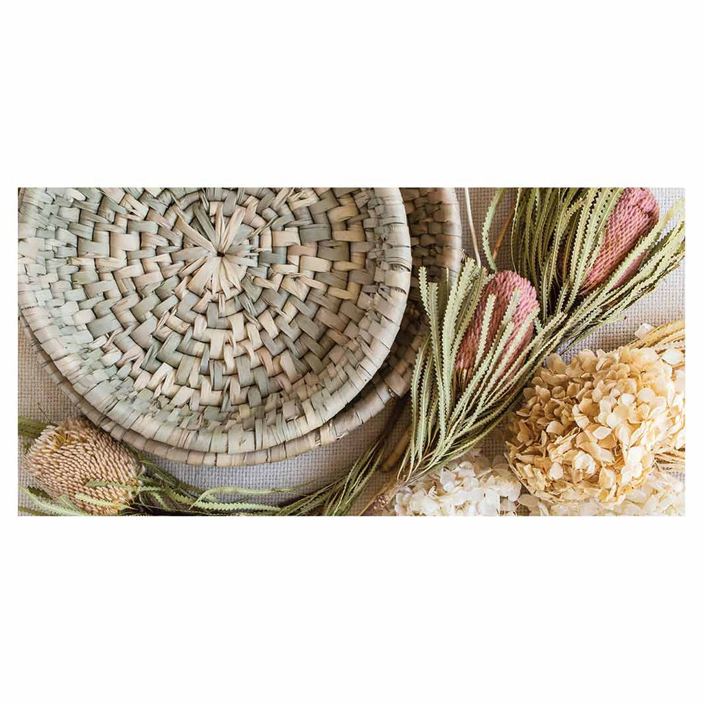 FLORAL CREAM AND GREY BASKET WITH PINK BANKSEAS TABLECLOTH