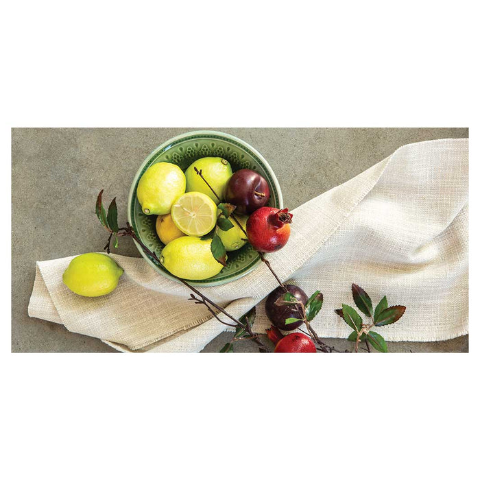 NATURAL RED POMEGRANATES AND LEMONS WITH LINEN TABLECLOTH