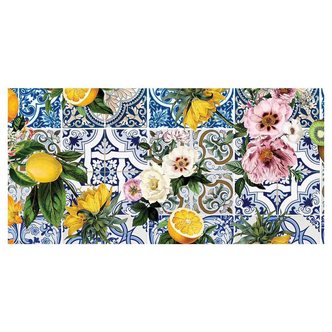 PATTERN BLUE LISBON TILE WITH LEMONS & FLOWERS TABLECLOTH