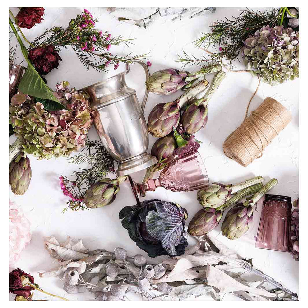 HYDRANGEA SILVERWARE PURPLE HUES ON WHITE TABLECLOTH