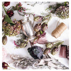 HYDRANGEA SILVERWARE PURPLE HUES ON WHITE TABLECLOTH