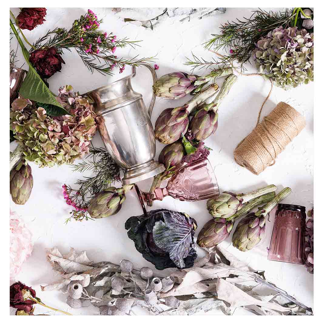 HYDRANGEA SILVERWARE PURPLE HUES ON WHITE TABLECLOTH