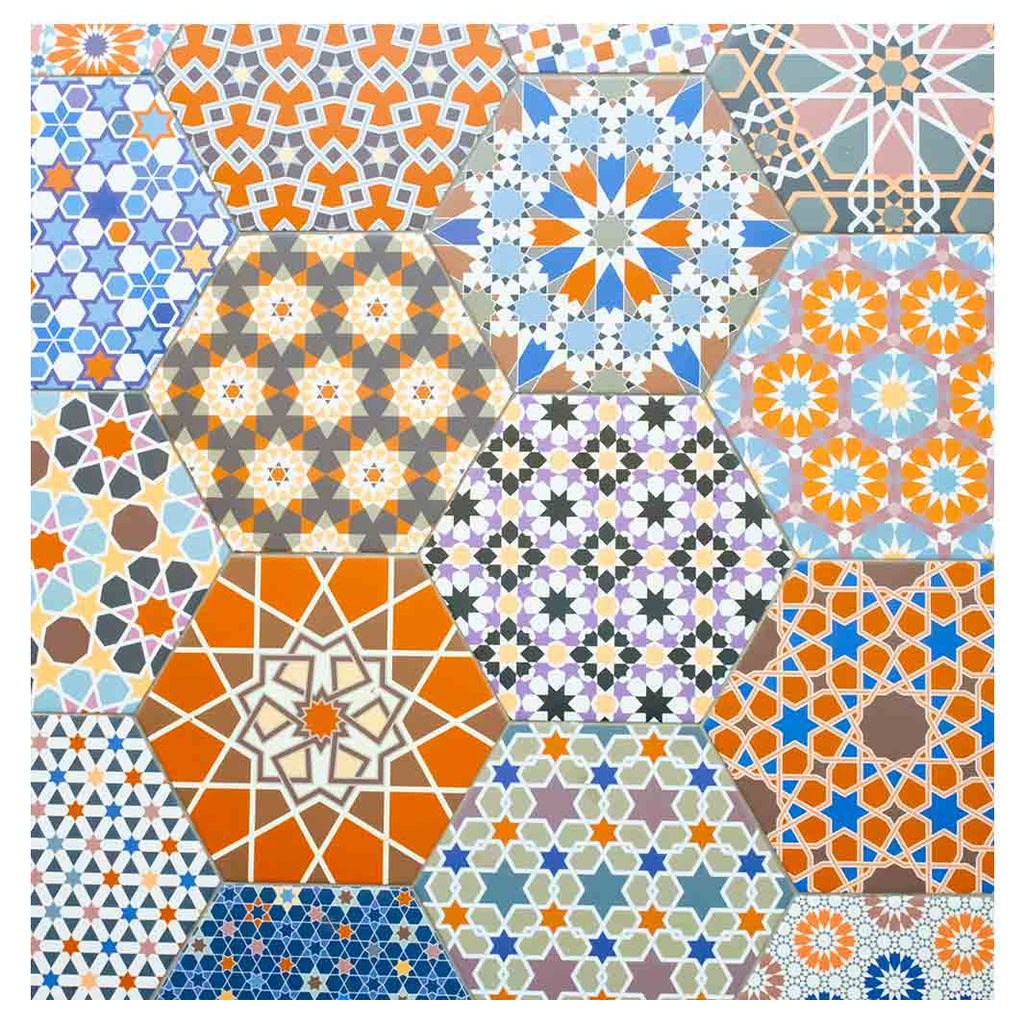 HEXAGON ORANGE AND BLUE PATTERN TILES TABLECLOTH