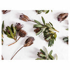 SCATTERED DRIED PROTEA WITH GREEN LEAVES TABLECLOTH