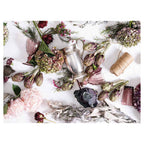 HYDRANGEA SILVERWARE PURPLE HUES ON WHITE TABLECLOTH