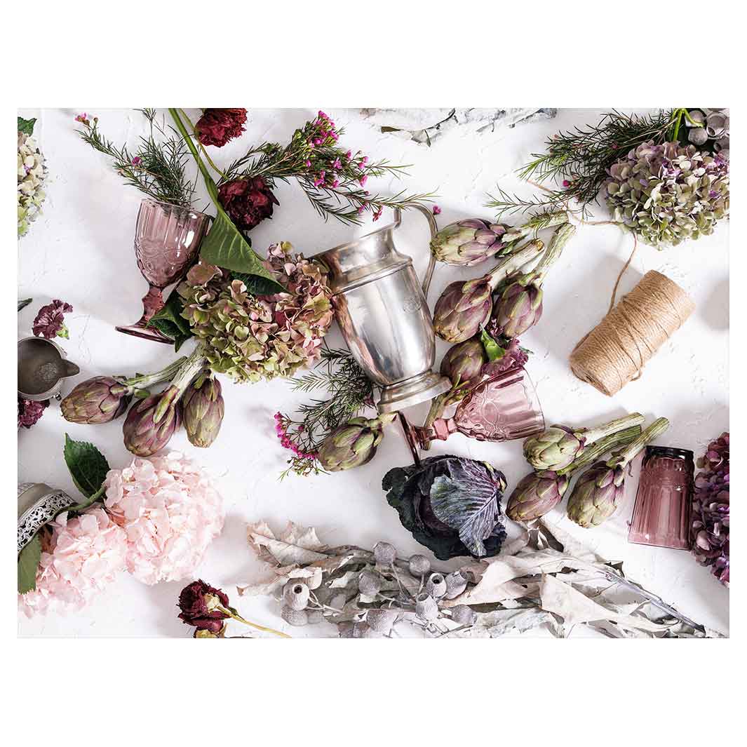 HYDRANGEA SILVERWARE PURPLE HUES ON WHITE TABLECLOTH