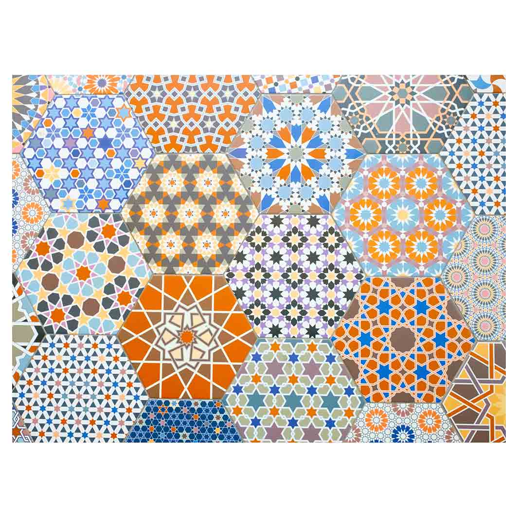 HEXAGON ORANGE AND BLUE PATTERN TILES TABLECLOTH