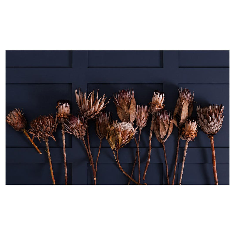 GOLDEN PROTEA ARRANGEMENT ON DARK BLUE TABLECLOTH