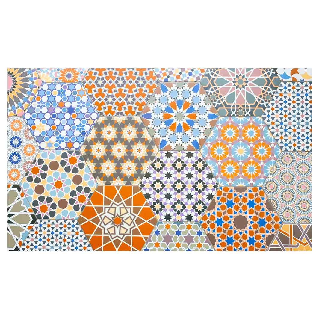 HEXAGON ORANGE AND BLUE PATTERN TILES TABLECLOTH