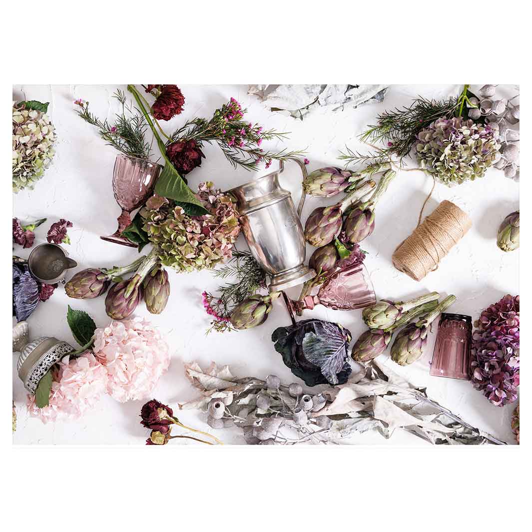 HYDRANGEA SILVERWARE PURPLE HUES ON WHITE TABLECLOTH