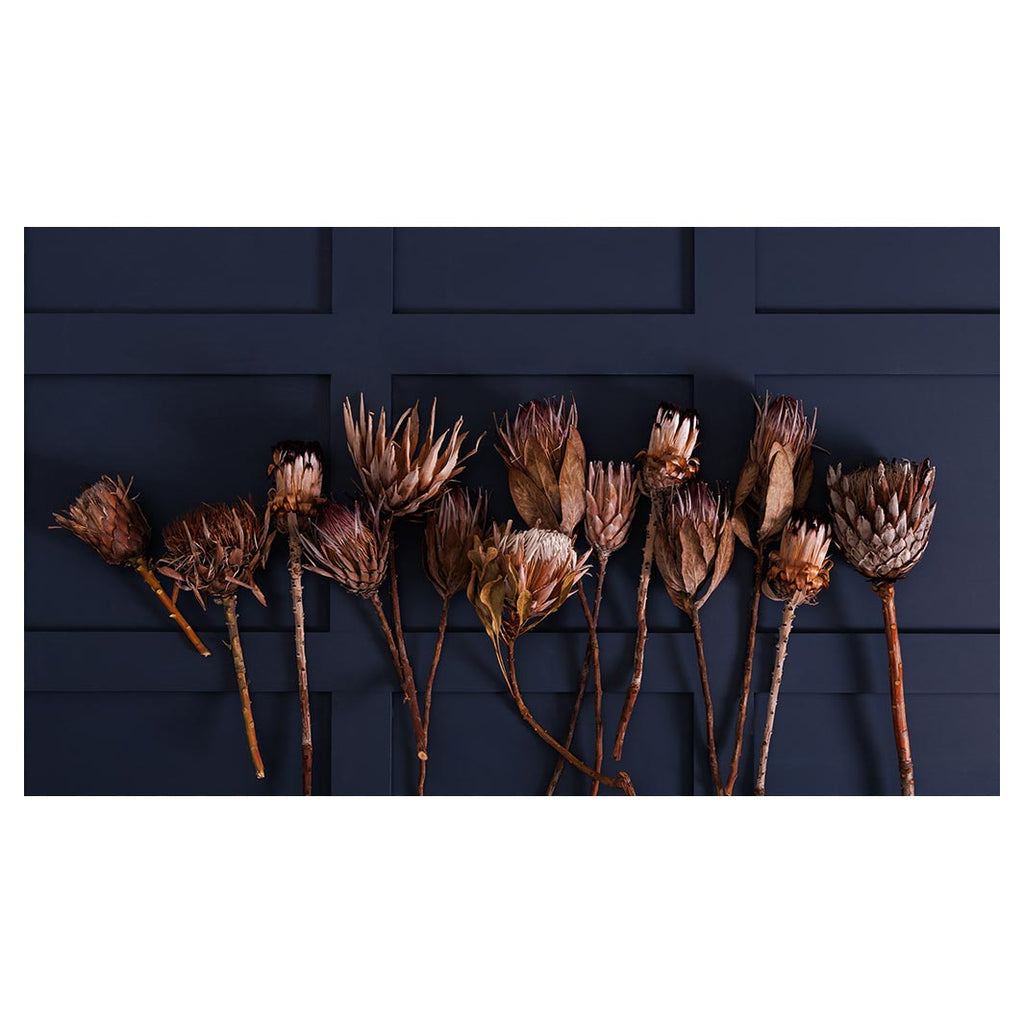 GOLDEN PROTEA ARRANGEMENT ON DARK BLUE TABLECLOTH