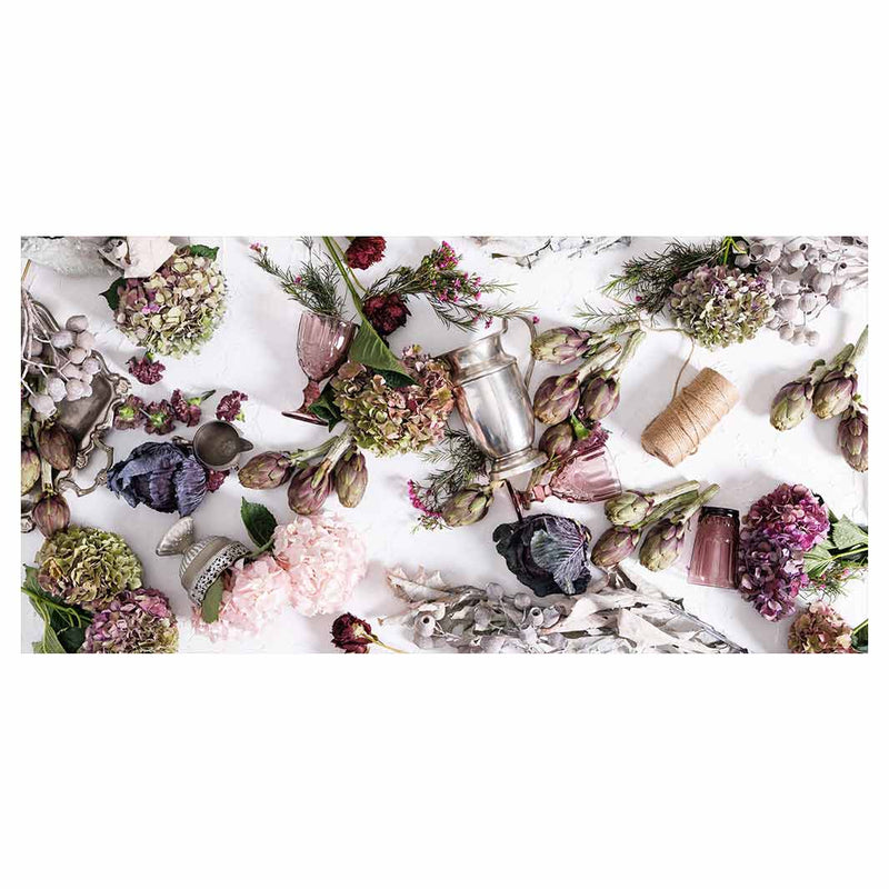 HYDRANGEA SILVERWARE PURPLE HUES ON WHITE TABLECLOTH