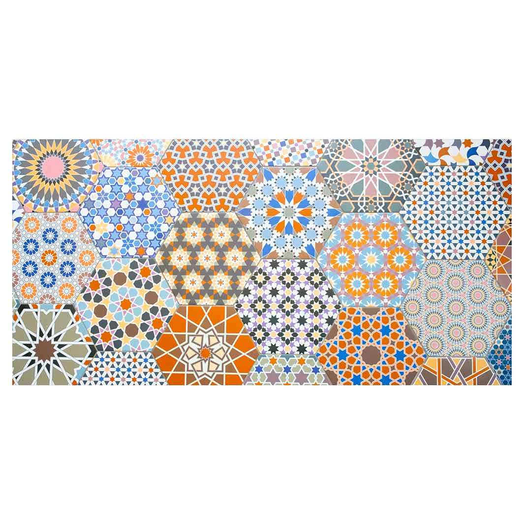 HEXAGON ORANGE AND BLUE PATTERN TILES TABLECLOTH