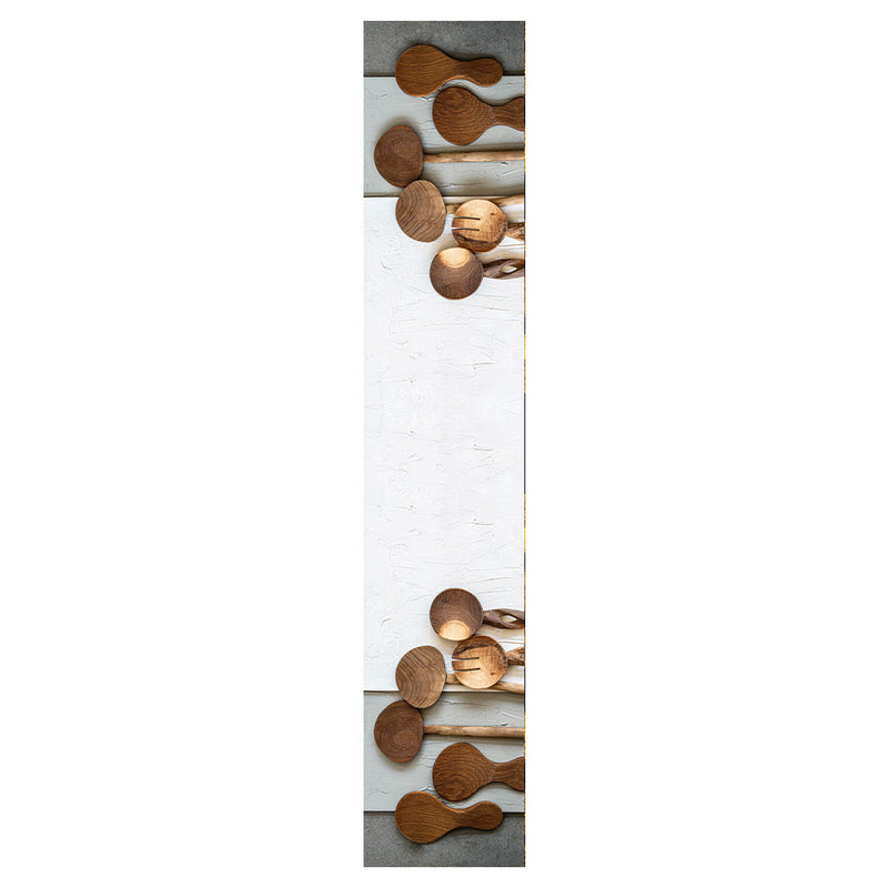 NATURAL BROWN WOODEN SPOONS ON GREY AND WHITE TABLE RUNNER