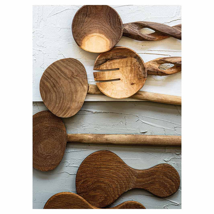 NATURAL BROWN WOODEN SPOONS ON GREY AND WHITE TEA TOWEL