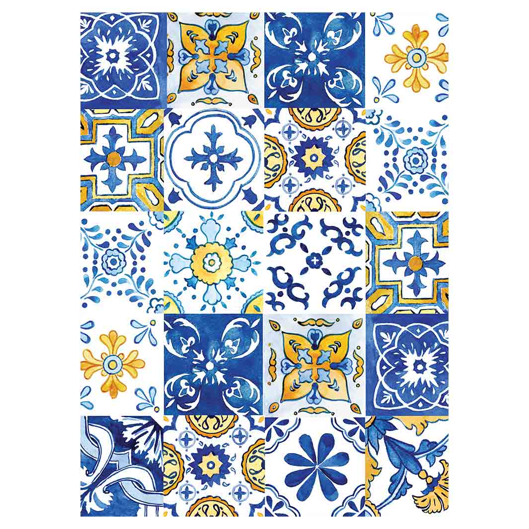 PATTERN BLUE AND YELLOW WATERCOLOUR LISBON TILE TEA TOWEL