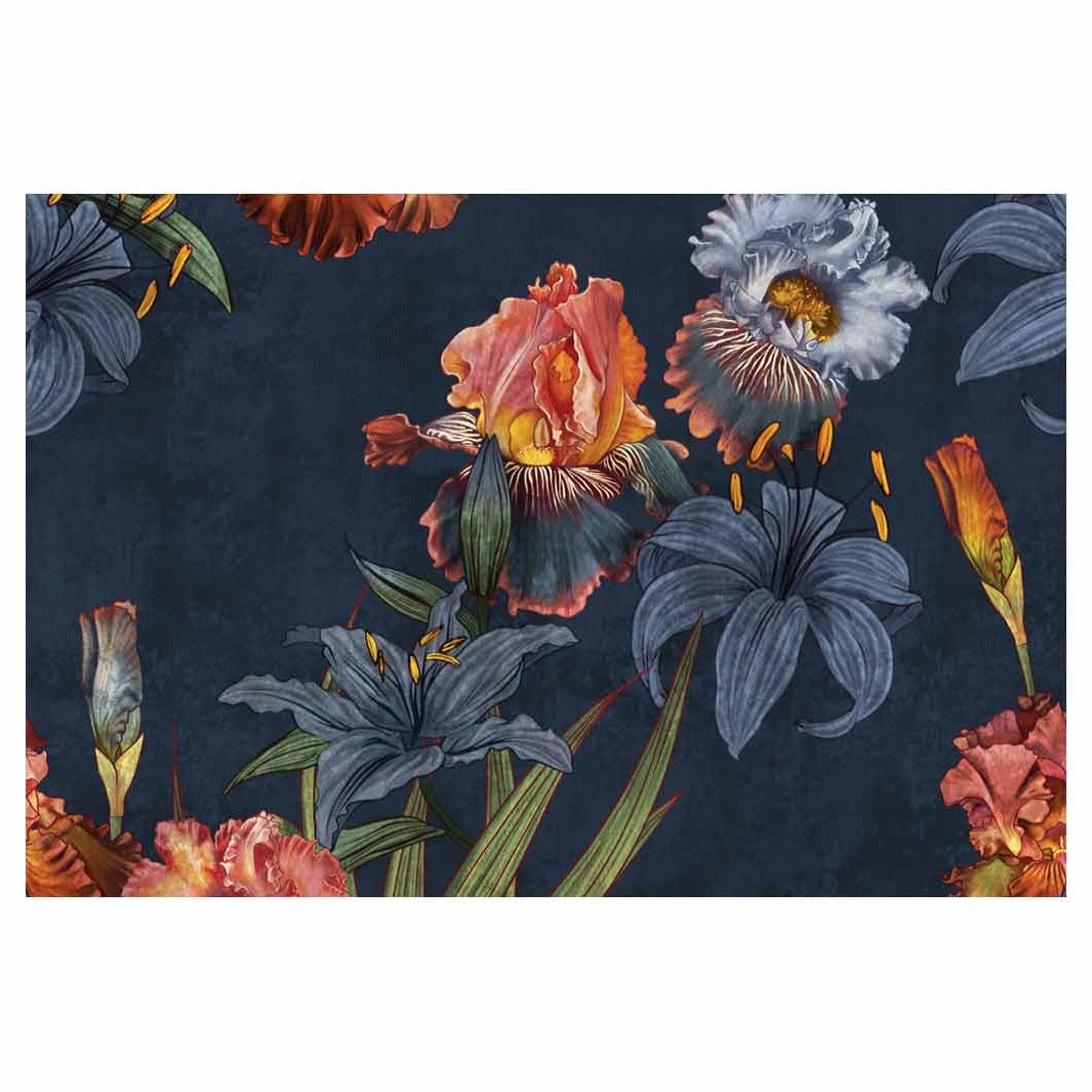 CONTEMPORARY NAVY LILIES AND IRIS PAINTING RECTANGULAR RUG